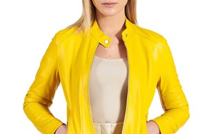 <b>Women</b> Genuine <b>Leather</b> Racer <b>Jacket</b> Slim Fit Motorcycle Coat Minimal Stand Collar Front Zip Casual Fashion Outerwear <b>Long</b> Sleeve - Product Image 5