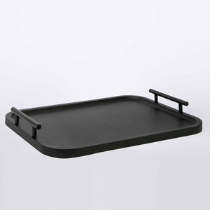 <b>Unique</b> Mango Wood Decorative Tray Black Matte Finish Rounded Rectangular Wooden Serving Tray With Metal Handles - Product Image 1