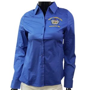 เสื้อเชิ้ตปกติดกระดุม Sigma Gamma Rho Sorority สีน้ำเงิน เสื้อแขนยาวลำลองสำหรับผู้หญิง ลายตัวอักษรกรีก เสื้อผ้าสำหรับวิทยาลัย แบบสั่งทำ - Product Image 1