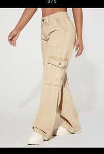 Jean cargo taille haute pour femme, coupe large, en denim tissé délavé, avec poches fonctionnelles, style streetwear décontracté d'été – Grande Vente - Product Image 4