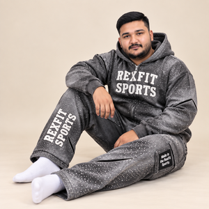 Conjunto Deportivo RexFit para Hombre, Sudadera con Capucha y Pantalones Deportivos, Estampado Digital, Felpa, Estilo Invernal, Gris con Logotipo Blanco - Product Image 3