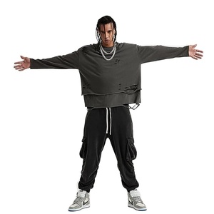 Sweat-shirt à capuche vintage pour homme, style streetwear, déchiré, en molleton 100% coton, brodé de perles, couleur unie, coupe oversize, logo personnalisé, été - Product Image 1