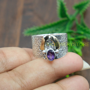 แหวนอเมทิสต์ เงินแท้ 925 ประดับด้วยทองเหลือง แหวนสเตทเมนท์ แหวนสัญญา แหวนแฮนด์เมดแบบตอกลาย สำหรับเครื่องประดับอเมทิสต์ - Product Image 4