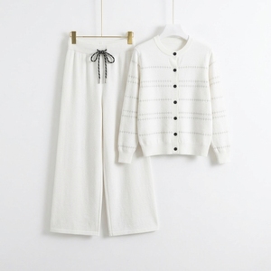 Spring Women's Casual Two-Piece Embroidered Patchwork Sweater Suit Knitted Striped Cardigan <b>Top</b> Loose Pants Knitwear Set - Product Image 4