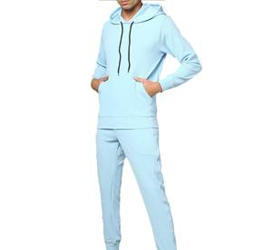 Survêtement à capuche bleu clair pour homme, manches longues, couleur unie, décontracté, avec poches latérales, coupe régulière, coton mi-lourd, automne - Product Image 5
