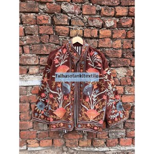 Uzbek Velvet Suzani Jacket <b>Coat</b> Floral Embroidery Short <b>Women's</b> Jacket Two Side Pocket <b>Coat</b> Boho Chic Jacket - Product Image 2