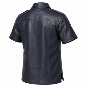 Men Navy Blue Leather Cargo <b>Shirt</b> Short Sleeve Multi Pocket Design Snap Button Front Shoulder <b>Epaulets</b> Classic Collar Outdoor - Product Image 3