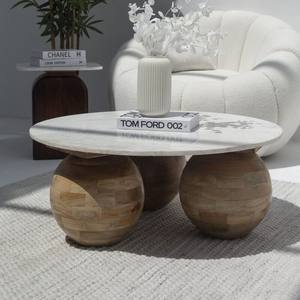 โต๊ะกาแฟหินอ่อนทรงกลม Vandana Astra Pebble ดีไซน์สามขา สำหรับการตกแต่งสไตล์โมเดิร์น - Product Image 3