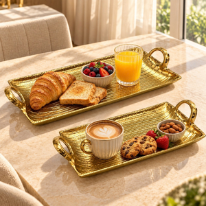 Juego de bandejas de servir de aluminio con acabado dorado premium, bandejas rectangulares texturizadas con asas |   Decoración de Lujo para Mesa de Comedor - Product Image 3