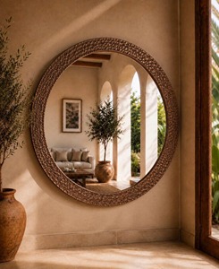 Hand-Hammered Textural Metal <b>Round</b> <b>Wall</b> <b>Mirror</b> with Crystal Glass Handmade REHMAN CRAFT - Product Image 1