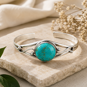 Bracelet manchette ouvert vintage en argent avec pierre turquoise, bijou rond en pierre précieuse par ORGANIC GEMS pour femme, cadeau, fête - Product Image 4