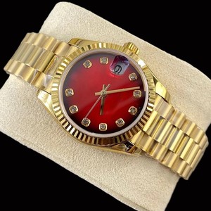 Outstanding <b>Red</b> Color Round Dial Gold Plated Stainless Steel Band With Auto <b>Date</b> Features Man's Mechanical Modern Standard Watch - Product Image 3