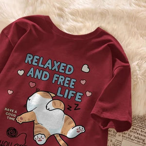 Camiseta de Verano con Estampado de Gato Perezoso de Dibujos Animados, Camiseta de Manga Corta para Parejas, Top Holgado Informal para Mujer - Product Image 5