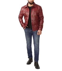 <b>Men</b> Genuine Leather <b>Trucker</b> <b>Jacket</b> Custom Logo Text Embroidery Motorcycle Biker <b>Jacket</b> - Product Image 1
