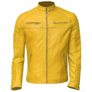 Blouson moto en cuir PU jaune pour homme, col montant, fermeture éclair, coupe ajustée, manches classiques, couleur unie, style automne - Product Image 1