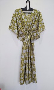 Robe Kaftan pour femmes en coton 100% à imprimé floral, dentelle lavable, coupe ample, longueur genoux, été - Product Image 5