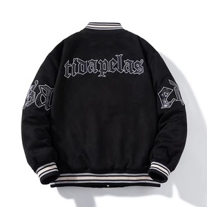 Black Varsity Jacket Embroidered Letter Design Turn-<b>down</b> Collar Streetwear Style Polyester Fleece Lining Autumn Wear - Product Image 2