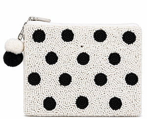 Polka Dot Beaded Pouch | Handmade Black White Coin Purse | Chic <b>Zip</b> Clutch| Black White Polka Dot <b>Zip</b> <b>Bag</b> | Stylish Wallet - Product Image 1