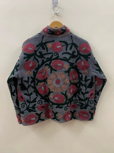 Chaqueta de Algodón con Bordado Floral a Mano, Cuello Mandarín, Abertura Frontal, Corta, Prenda Exterior Chic para Mujer, Regalo para Ella - Product Image 2