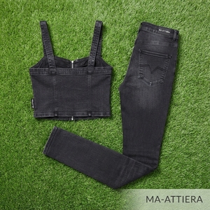 Ensemble corset en jean noir et jean skinny pour femme, fermeture éclair sur le devant, tenue décontractée deux pièces, style streetwear assorti - Product Image 6