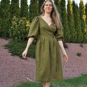 Nouvelle Arrivée Robe de Cocktail Formelle pour Invitée de Mariage en Coton, Coupe Midi, Col en V, Évasée, Manches Bouffantes, Idéale pour l'Été - Product Image 1