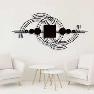 Décoration murale moderne en métal noir, sculpture géométrique abstraite à lignes, anneaux tourbillonnants, accents carrés, artisanat en fer à suspendre pour fond de canapé - Product Image 1