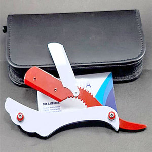 Rasoir de barbier pliant droit en acier inoxydable recouvert de rouge et de blanc avec manche ergonomique pour un rasage professionnel - Product Image 1