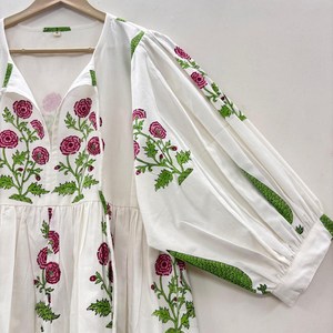 Vestido Casual Midi para Mujer, Tejido 100% Algodón, Estampado Floral Liso, Manga Corta, Cintura Imperio, Estilo Babydoll, Oversize, Cuello en V, Holgado - Product Image 3