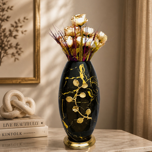 Vase à fleurs moderne en métal de luxe |   Vase décoratif noir et or pour la décoration de la maison, arrangement floral pour table de mariage - Product Image 1