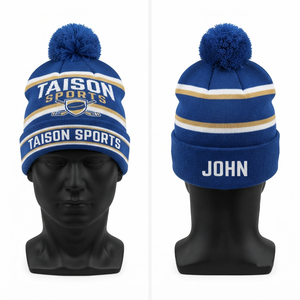 Gorro de Hockey sobre Hielo de Punto de Lana 100% de Primera Calidad, 300 GSM, Ajustable, Azul, Blanco y Dorado, con Logotipo Jacquard Personalizado - Product Image 1