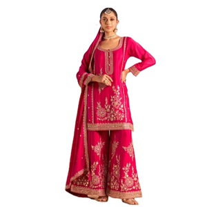 Costume Palazzo en soie Chinon de qualité supérieure avec travail brodé et miroir parfait pour les vêtements pakistanais pour adultes - Product Image 1