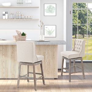 Set di 2 Sgabelli da Bar Girevoli Beige con Rotazione a 180 Gradi e Poggiapiedi in Legno Massello - Product Image 2