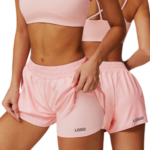 Pink <b>Elastic</b> <b>Waist</b> Sport Shorts With Logo Left Leg Regular Fit Knitted Breathable Women's Workout Shorts - Product Image 1