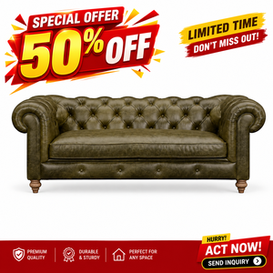50% OFF Genuine Leather Chesterfield <b>Sofa</b> Premium Olive Green Rolled Arm Tufted Button <b>Sofa</b> <b>with</b> Solid Wood Legs - Product Image 5