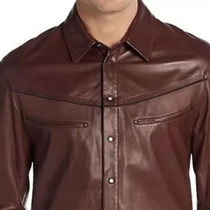 Chemise décontractée à manches courtes pour homme en cuir véritable avec boutons recouverts de cuir, col rabattu gaufré, séchage rapide, qualité supérieure - Product Image 6