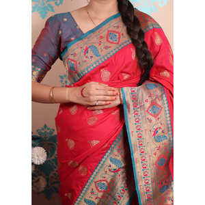 Sari en soie Paithani tissé avec des fils de zari roses, vêtements indiens et pakistanais - Product Image 1