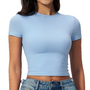 Women's Light Blue <b>Crop</b> <b>Top</b> Short Sleeve Crew Neck Slim Fit Knitted Spandex Cotton Casual Spring Summer Solid Color - Product Image 3