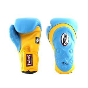 Gants de boxe TWINS à manchette longue bleu ciel et jaune, gants de boxe TWINS en cuir de qualité supérieure, gants d'entraînement professionnels TWINS, gants de sparring TWINS - Product Image 1