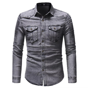 Chemise en jean pour homme, manches longues, couleur unie, col rabattu, décontractée, en coton délavé, coupe classique - Product Image 3