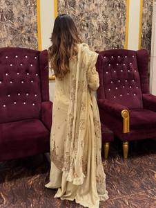 Conjunto de Salwar de Lujo en Color Dorado Champán, con Lentejuelas y Bordado Zari, Kurti Recto, Pantalones Anchos, para Bodas Pakistaníes de Invierno - Product Image 3