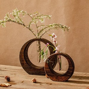 Florero Circular de Madera Minimalista Moderno, Exportador de Marcos de Madera Hechos a Mano con Tubo de Vidrio para Plantas Hidropónicas - Product Image 2