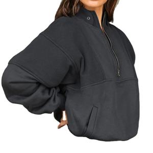 Oversize Heavy Cotton Half Zip <b>Womens</b> Hoodie Embossed Logo Sport Workout Sweatshirts Pocket Streetwear Breathable Customizable - Product Image 4