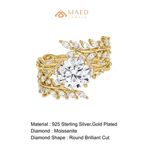 Bague en Moissanite à Coupe Ronde, Bijou Fin en Or pour Femme, Motif Feuille Florale, Cadeau de Fiançailles, Bijou de Mode Chic et Luxueux - Product Image 6