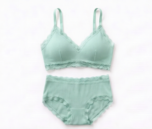 Ensemble soutien-gorge sans armatures et culotte hipster vert menthe pour femme avec bordure en dentelle, taille mi-haute, sans couture, sous-vêtements quotidiens - Product Image 1