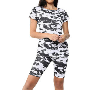 New Arrival Women <b>Tie</b> Dye Shorts <b>Set</b> Custom Size Round Neck T Shirt Pants Workout Cotton Yoga Two Piece Suit Oem Custom - Product Image 1