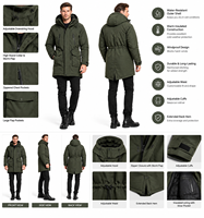 Veste d'hiver longue à capuche pour homme, parka matelassée thermique, fermeture éclair, cordon de serrage, poches cargo, doublure en polaire, broderie