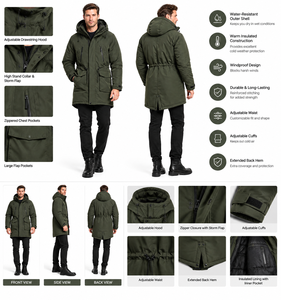 Men's Long Hooded Winter Puffer Jacket Quilted Thermal <b>Parka</b> Zipper Closure Drawstring Cargo <b>Pockets</b> Fleece Lining Embroidered - Product Image 5