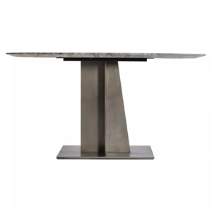 Mesa de comedor moderna de estilo arquitectónico con base de metal y tablero redondo de travertino plateado con vetas naturales para bistro, restaurante, bar o cocina. - Product Image 2