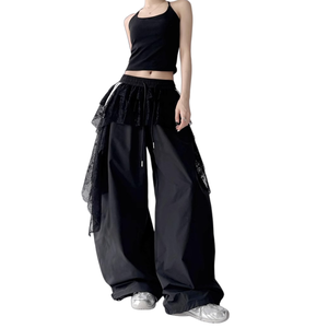 Pantalon large taille haute blanc pour femme grande taille avec volants et détails en dentelle, coupe ample, style streetwear, longueur complète, fermeture à cordon - Product Image 5