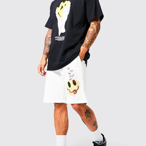 Men's <b>White</b> Cartoon Print Bermuda Shorts With Elastic Waist And Hand Drawn Smiley Design - Product Image 1